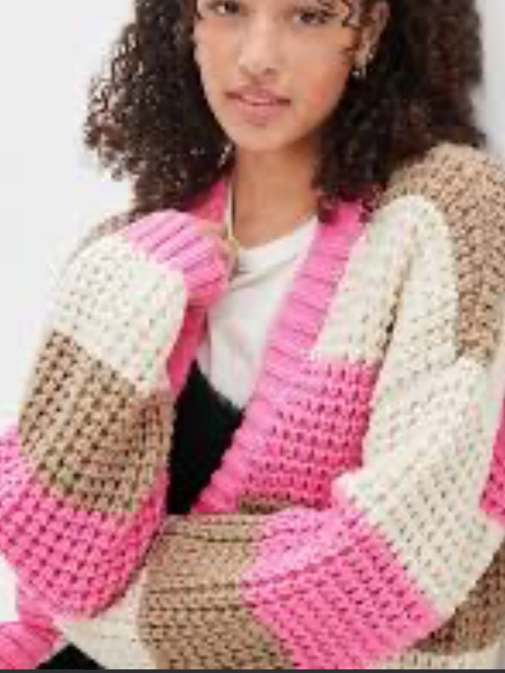 American Eagle Outfitters Pink, Cream & Brown Colorblock Chunky Knit Cardigan